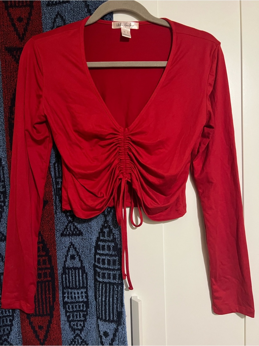 Urban Heritage Red Ruched Drawstring V-Neck Crop Top
